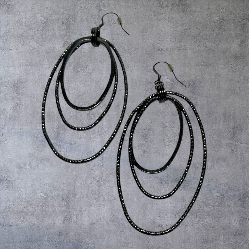 Black Triple Hoop Dangle Earrings‎ Layered Gunmetal Boho Statement